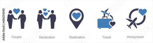 A set of 5 Honeymoon icons as couple, declaration, destination
