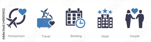 A set of 5 Honeymoon icons as honeymoon, travel, booking