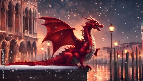 Red dragon cartoon in Venice snow winter evening night