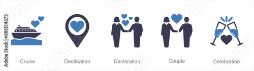 A set of 5 Honeymoon icons as cruise, destination, declaration