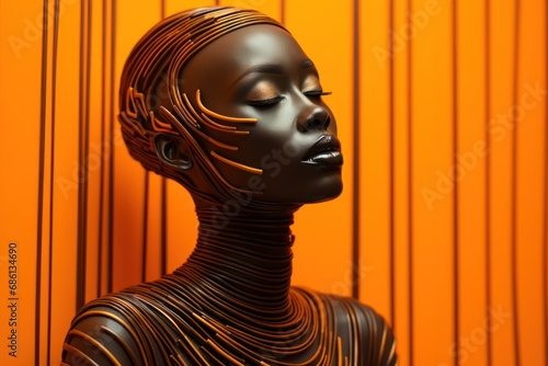  a black mannequin is standing in front of an orange wall with a pattern on it's face.