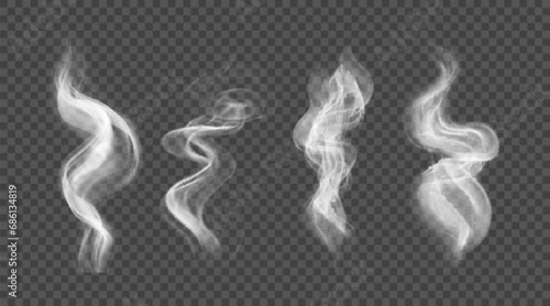 White wavy smoke isolated on transparent background. Vector set of realistic steam from hot drink, food