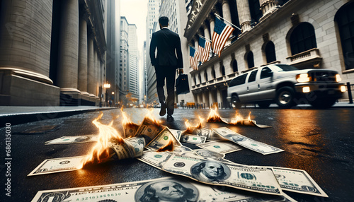 Business man walking down Wall street with worthless money on the floor and blowing in the breeze.Wall street banking system crash. photo