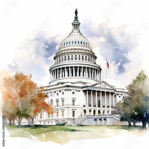 Watercolor Capitol single white background. AI generate illustration