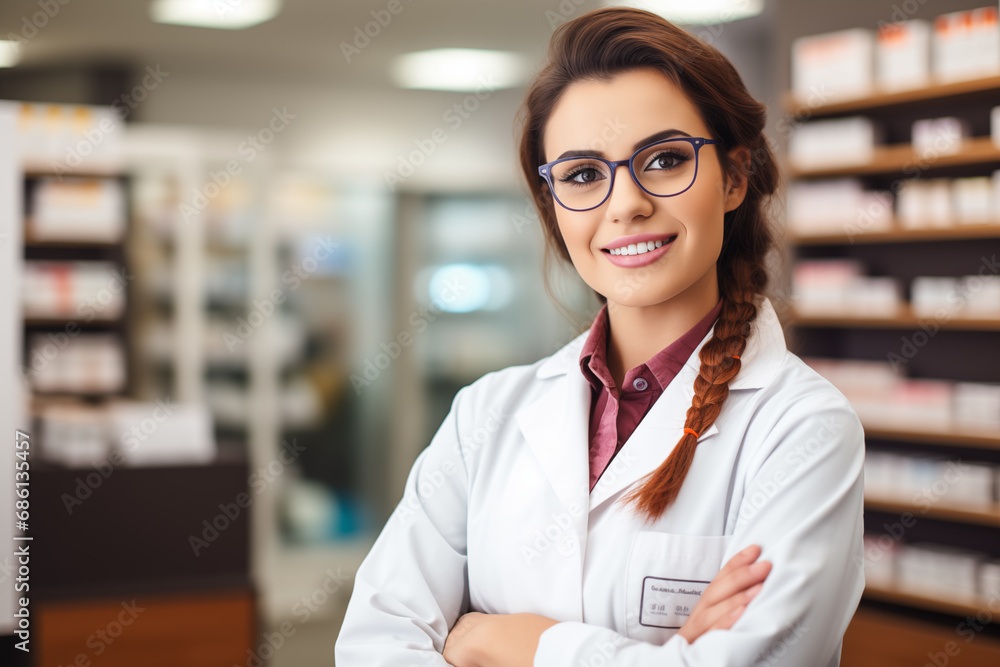 Attractive woman pharmacist smiling at the pharmacy