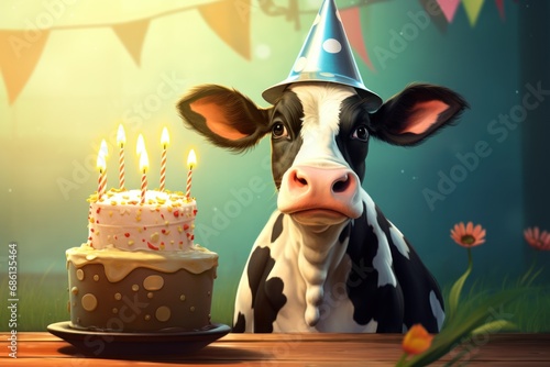  a black and white cow wearing a party hat next to a birthday cake with lit candles on top of it.