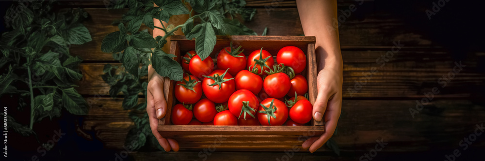 Male hands holding tomatoes in wooden box over the wooden table - obrazy, fototapety, plakaty 