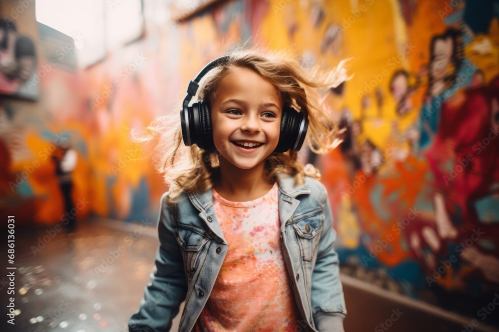 Portrait of a little girl with headphones on her head and walking down the street. Portrait of a little girl with headphones on her head and walking down the street.