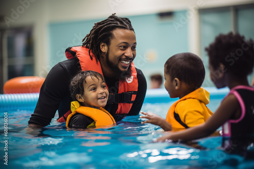 Cheerful black man teaching kids how to swim in the pool photo