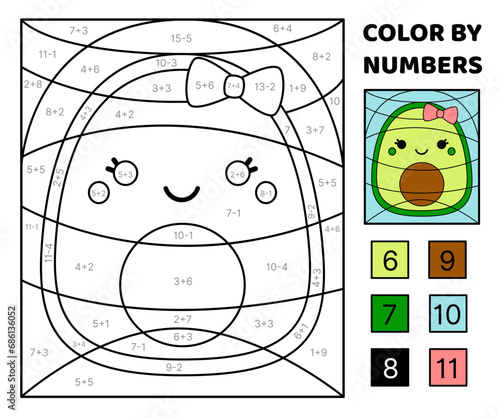 Avocado girl. Solve the problem, color the picture. Addition, Subtraction. Coloring book. Vector