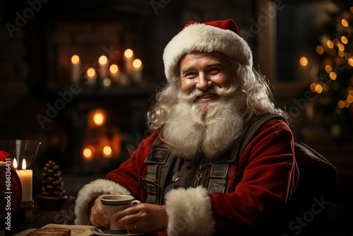 Joyful Traditional Santa Claus in Festive Red Suit Relaxing in Armchair with Hot Beverage, Warm Candlelight & Christmas Tree Lights in background