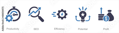A set of 5 Increase Sale icons as productivity, seo, efficiency