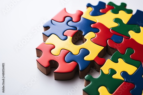 The symbol of autism is a multicolored puzzle in the form of a heart in the hands of caring parents. High quality photo