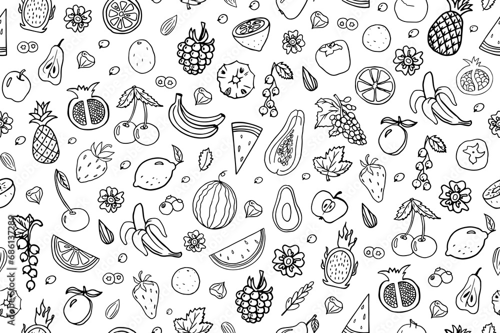 Trendy seamless pattern with fruits, berries and nuts. Pineapple, strawberry, apple, pear, watermelon and other. Doodle vector illustration EPS10. Great for wallpaper, wrapping paper, baner