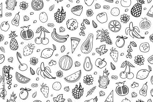 Trendy seamless pattern with fruits  berries and nuts. Pineapple  strawberry  apple  pear  watermelon and other. Doodle vector illustration EPS10. Great for wallpaper  wrapping paper  baner