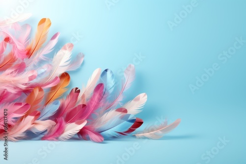  a bunch of colorful feathers flying in the air on a blue background with a shadow of the feathers on the left side of the frame. © Shanti