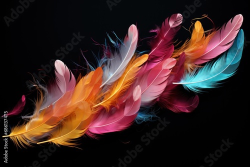  a group of colorful feathers sitting on top of a black background with a black background behind the feathers is an orange, pink, blue, yellow, red, and green, and orange feather.