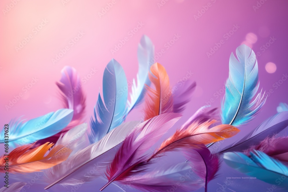 a group of colorful feathers floating on top of a blue and pink background with a pink sky in the background.