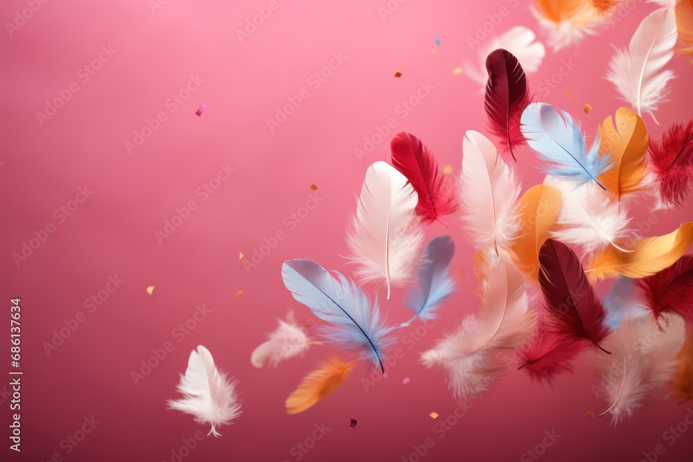 a group of multicolored feathers flying in the air on a pink background with confetti flakes. a group of multicolored feathers flying in the air on a pink background with confetti flakes.