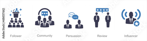 A set of 5 Influencer icons as follower, community, persuasion