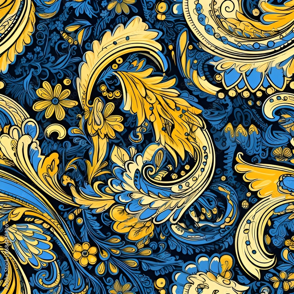 Yellow and blue paisley pattern | generative AI Yellow and blue paisley pattern | generative AI