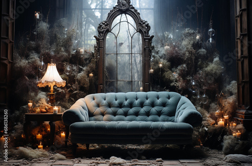 Echo Collection - Bkue sofa  in Bohemian Room with Candle Lights  - Botanical Decor - Decay - Time Passing - Baroque - Atmospheric Photography photo