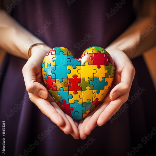 The symbol of autism is a multicolored puzzle in the form of a heart in the hands of caring parents. High quality photo