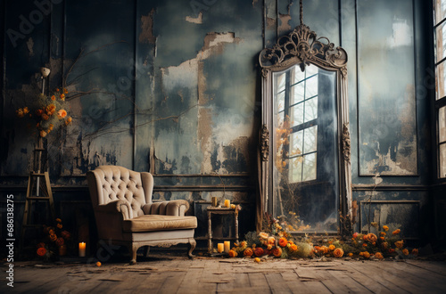 Echo Collection - Beige Armchair in Bohemian Room with Candle Lights and Mirror - Botanical Decor - Decay - Time Passing - Baroque - Atmospheric Photography photo