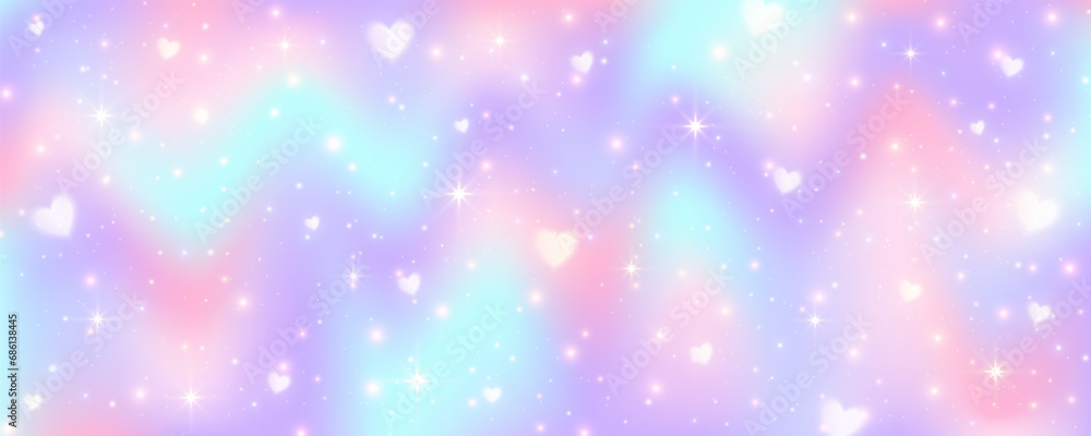 Purple unicorn background. Pastel watercolor sky with glitter stars hearts and bokeh. Fantasy galaxy with holographic texture. Magic marble wavy space. Vector