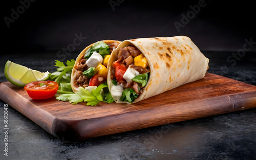 Fast food, delicious burrito filled with minced meat and vegetables. Placed on a wooden table, black background, isolated