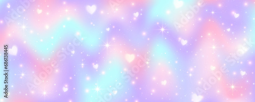 Purple unicorn background. Pastel watercolor sky with glitter stars hearts and bokeh. Fantasy galaxy with holographic texture. Magic marble wavy space. Vector