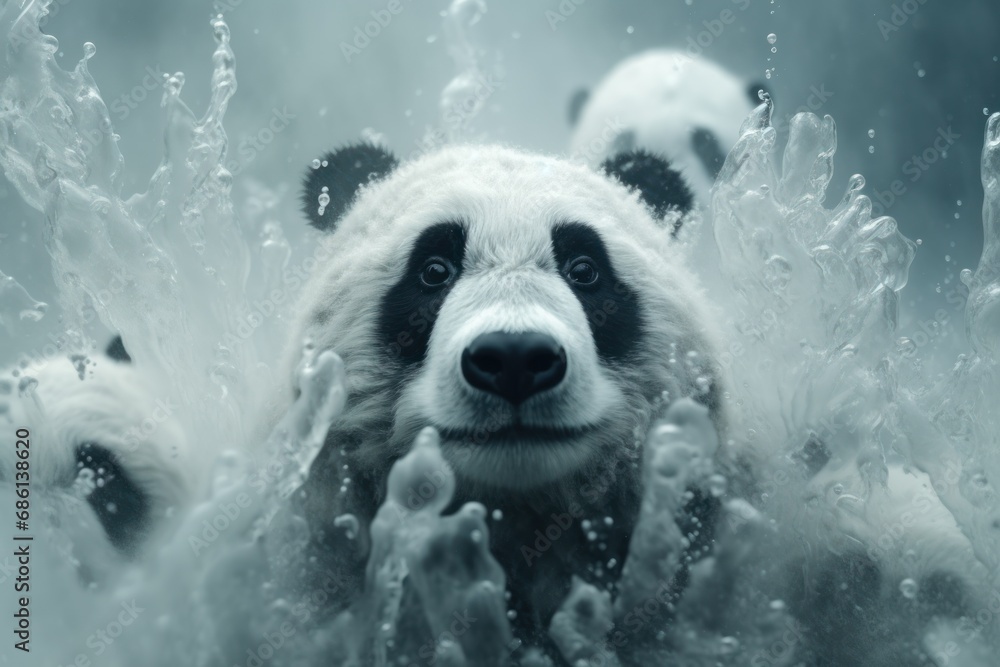  a black and white photo of a panda bear with bubbles of water on it's face and behind it's head.
