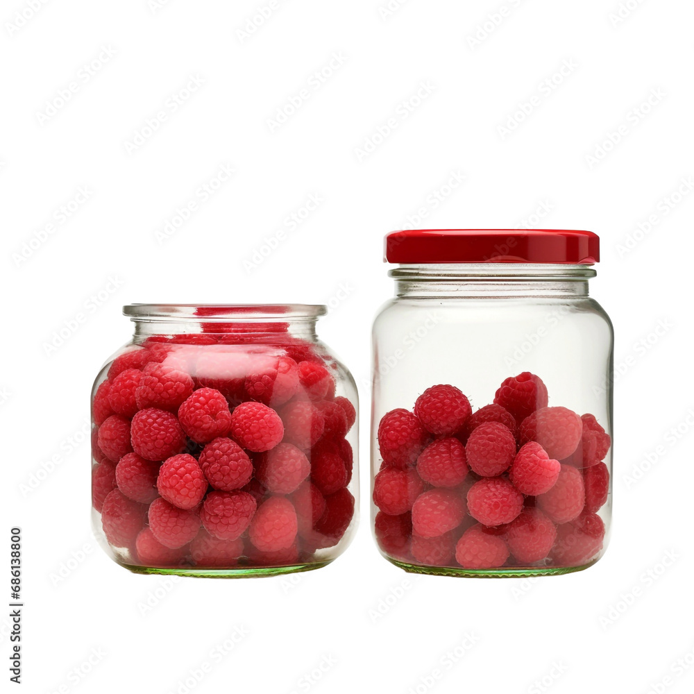 A jar of raspberries and a jar of raspberries isolated on transparent background A jar of raspberries and a jar of raspberries isolated on transparent background