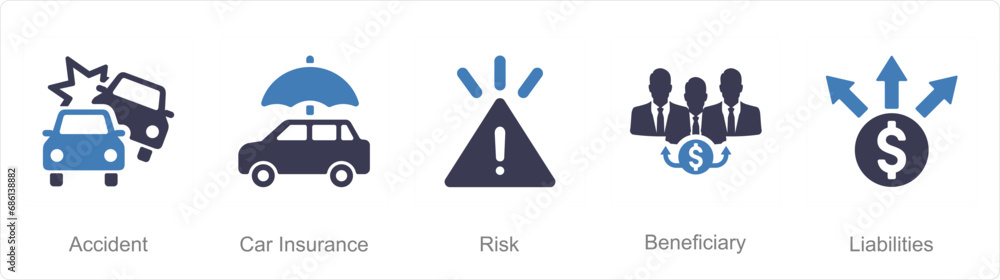 A set of 5 Insurance icons as accident, car insurance, risk