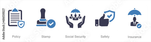 A set of 5 Insurance icons as policy, stamp, social security