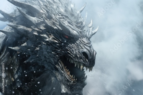  a close up of a dragon in the snow with it s mouth open and it s tongue out.