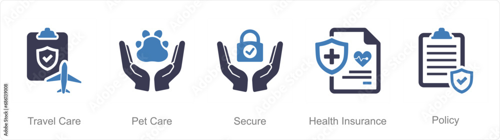 A set of 5 Insurance icons as travel care, pet care, secure A set of 5 Insurance icons as travel care, pet care, secure