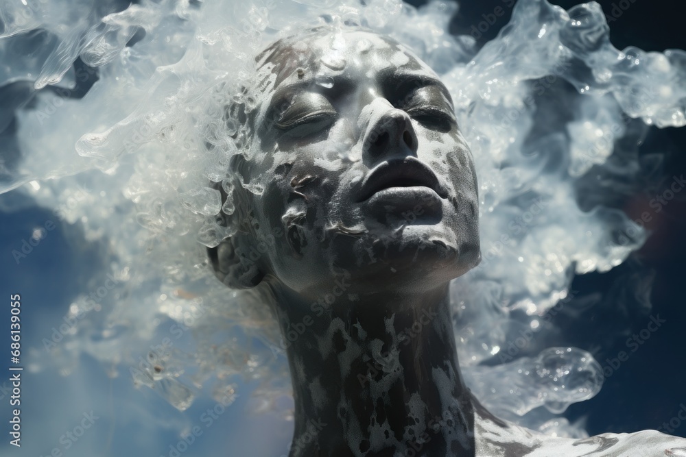a close up of a statue of a person with bubbles coming out of it's head and a blue sky in the background. a close up of a statue of a person with bubbles coming out of it's head and a blue sky in the background.