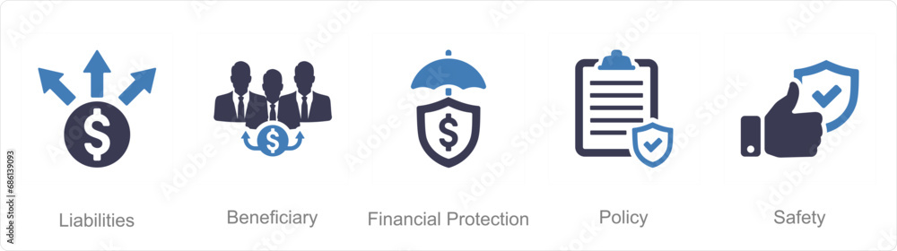 A set of 5 Insurance icons as liabilities, beneficiary, financial protection, policy A set of 5 Insurance icons as liabilities, beneficiary, financial protection, policy