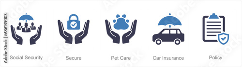 A set of 5 Insurance icons as social security, secure, pet care