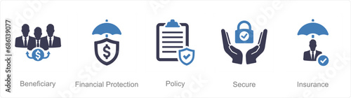 A set of 5 Insurance icons as beneficiary, financial protection, policy
