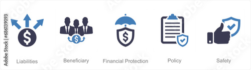 A set of 5 Insurance icons as liabilities, beneficiary, financial protection, policy