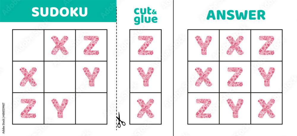 Easy sudoku with three letters of flowers X, Y, Z. Game puzzle for little kids. Cut and glue. Doodle