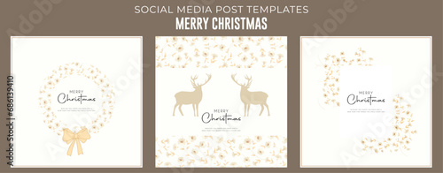 Holiday cards with Christmas tree, reindeers, floral frames, background. Universal artistic templates.