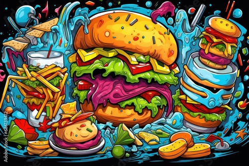  a painting of a large hamburger surrounded by many different types of condiments and condiments on a black background.