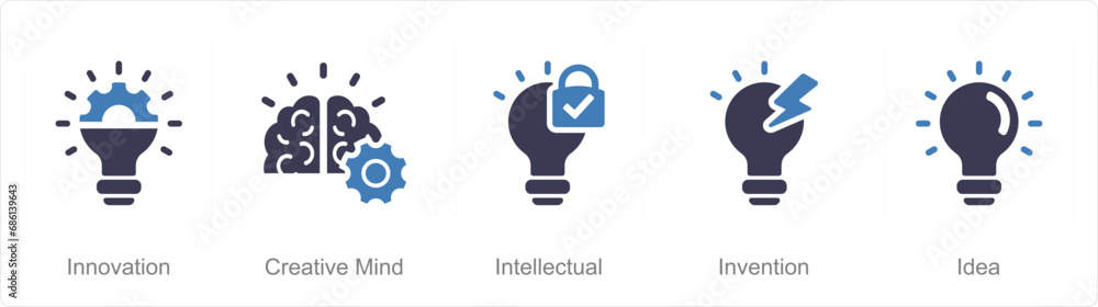 A set of 5 Intellectual Property icons as innovation, creative mind, intellectual A set of 5 Intellectual Property icons as innovation, creative mind, intellectual