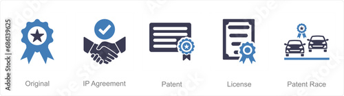 A set of 5 Intellectual Property icons as original, ip agreement, patent