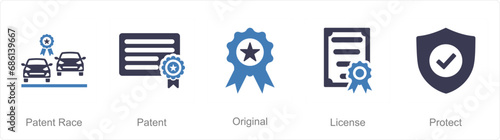A set of 5 Intellectual Property icons as patent race, patent, original