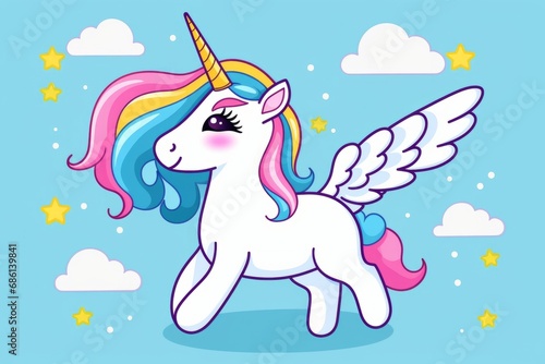 Simple and rounded lines cartoon illustration. Cute unicorn is flying on blue background