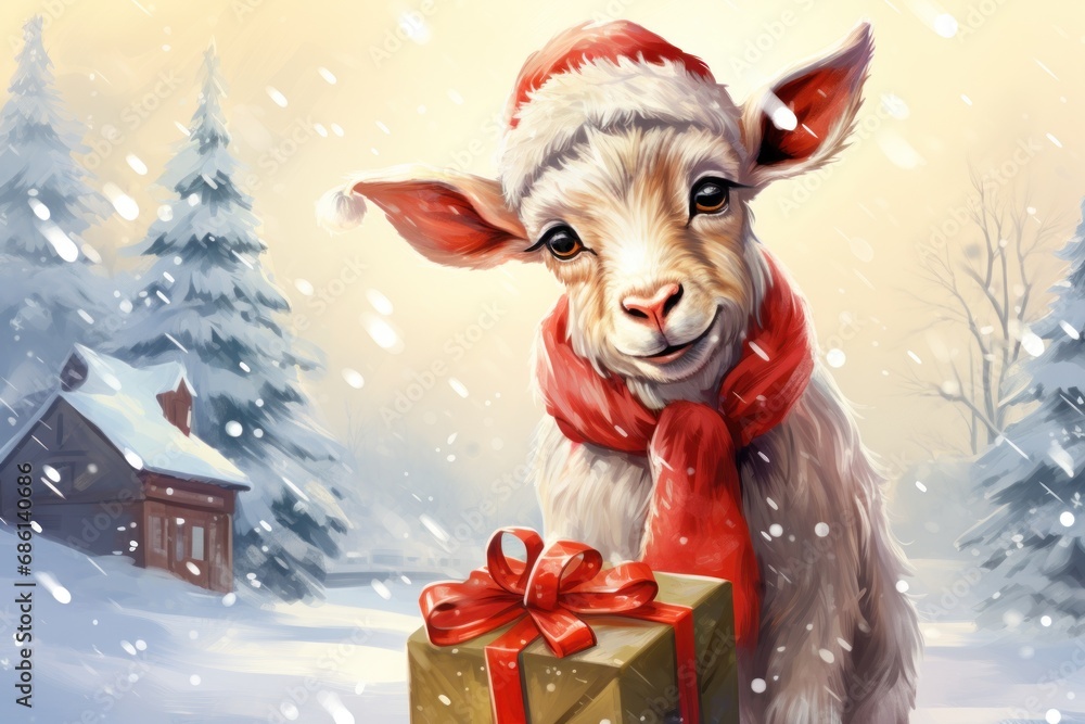 a painting of a sheep wearing a santa hat and scarf with a gift wrapped in a red ribbon around its neck. a painting of a sheep wearing a santa hat and scarf with a gift wrapped in a red ribbon around its neck.
